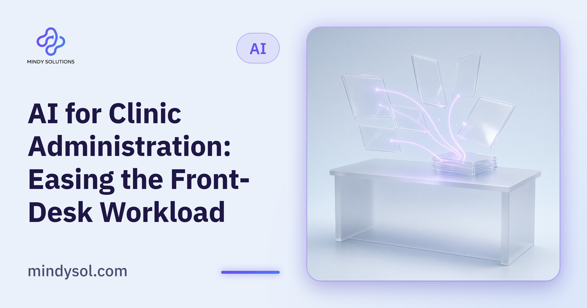 Illustration of a clinic front desk with an organized admin task screen and automation icons, illustrative interface