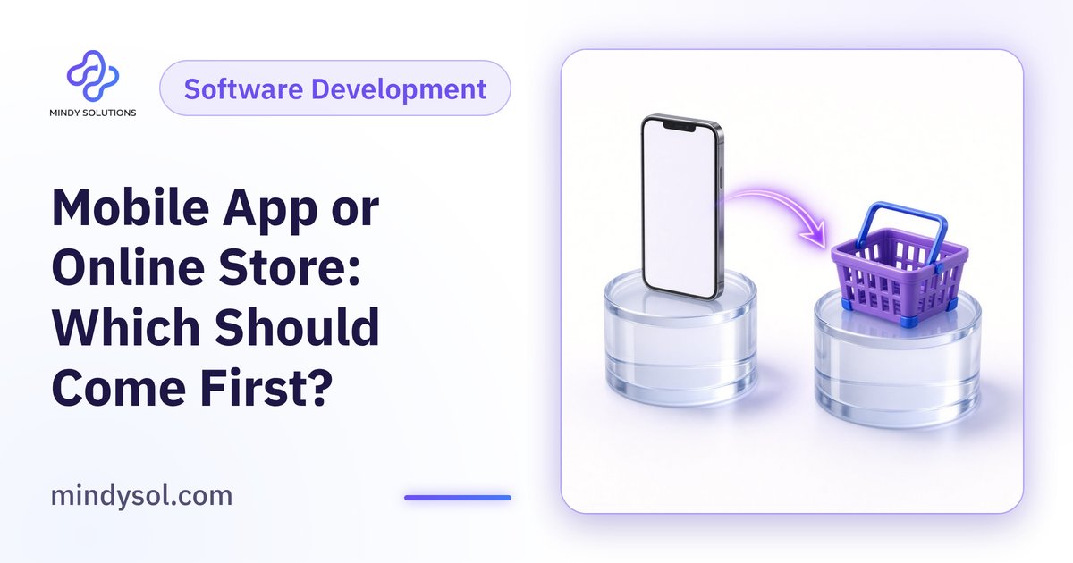 Illustration of a phone showing a shopping app beside a laptop showing an online store, illustrative interface
