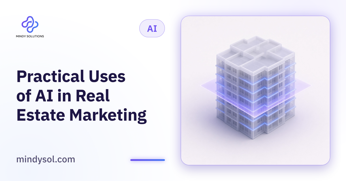 Illustration of a property card with auto-generated description text and marketing icons, illustrative interface
