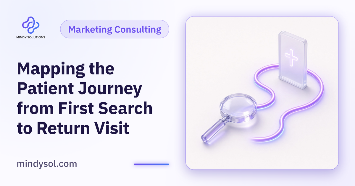 Illustration of a winding path linking search, message, clinic and calendar icons, no people