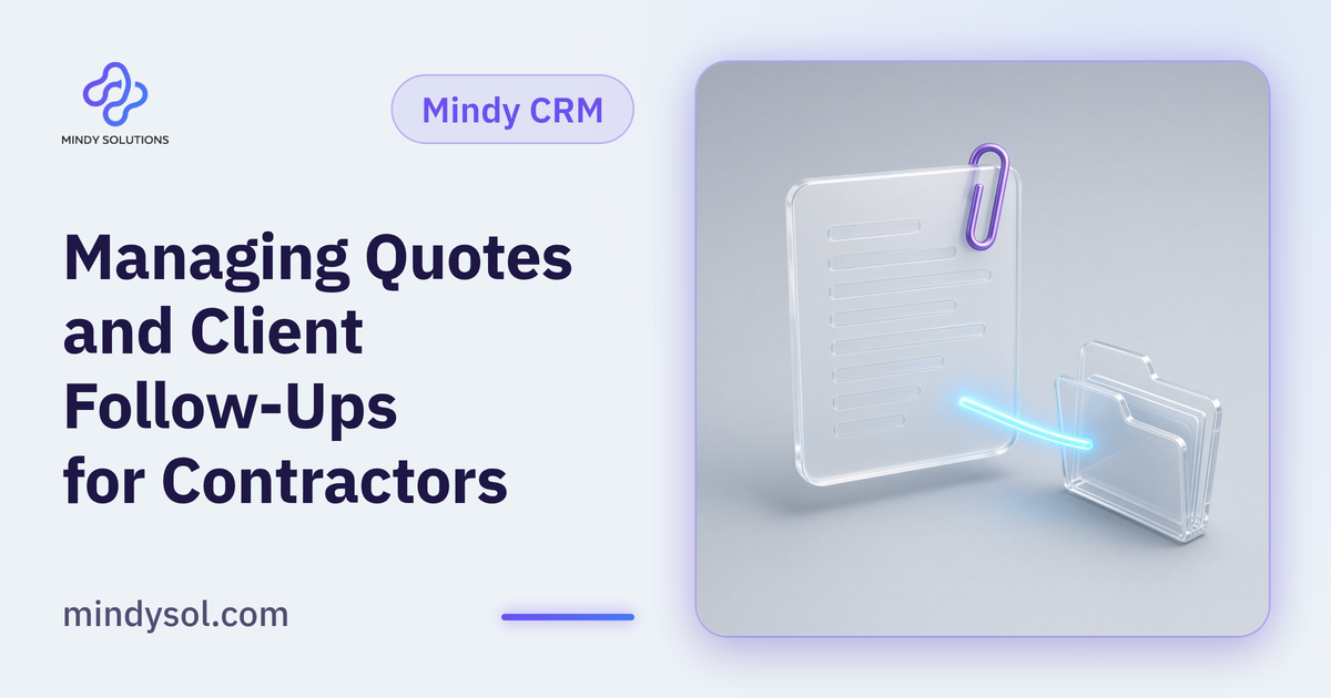 Illustration of a quote document beside a hard hat, stage list and follow-up arrow, illustrative interface
