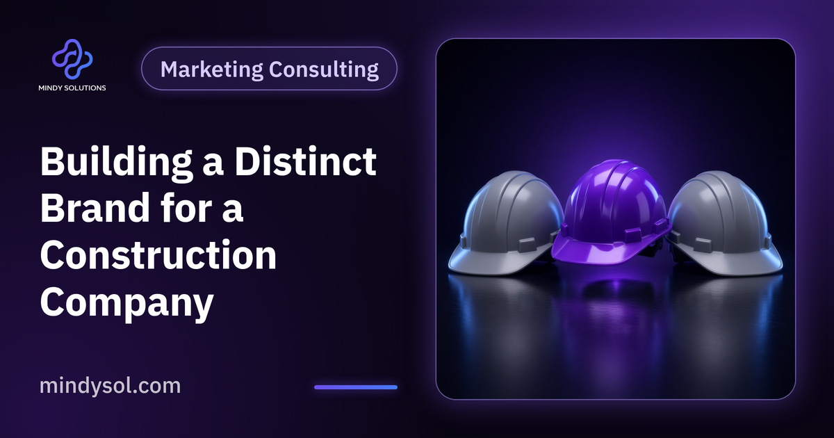 Illustration of a hard hat, blueprint, color palette and a generic logo mark