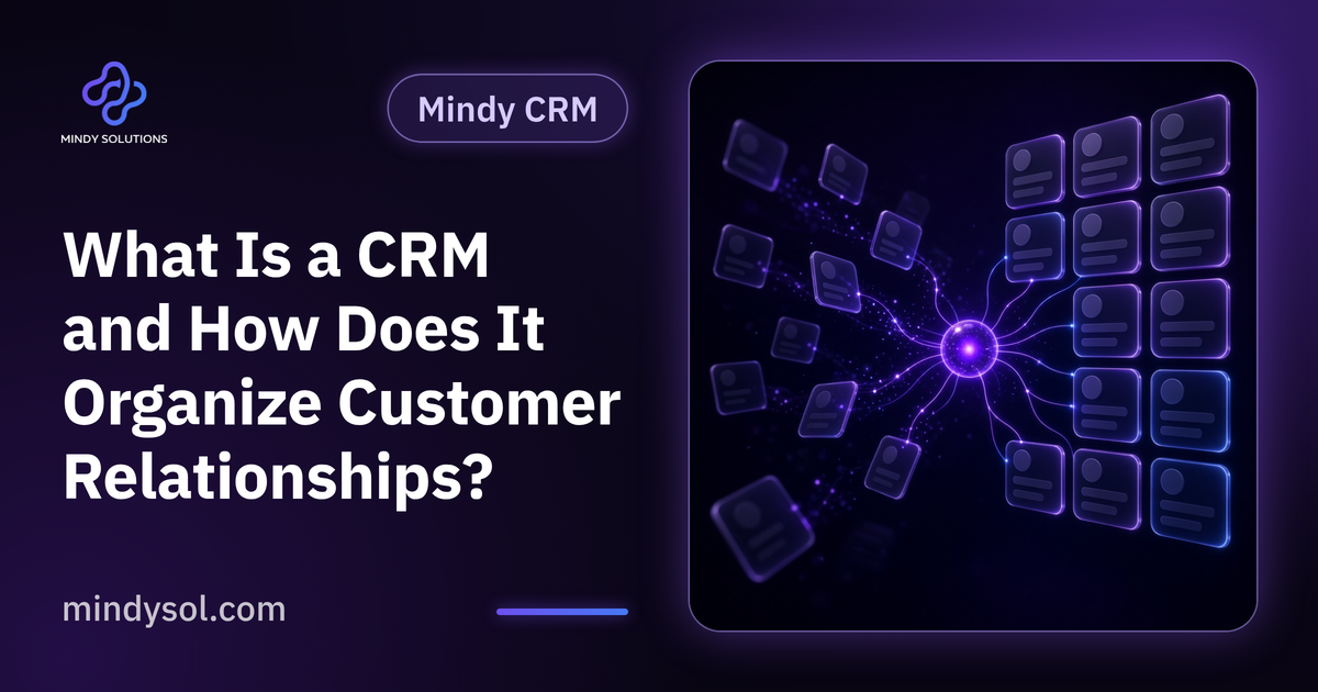 Illustration of a customer record at the center linked to message, sales and report icons, illustrative interface