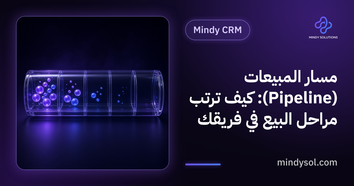 رسم توضيحي لمسار مبيعات أفقي بمراحل متتالية وبطاقات عملاء تنتقل بينها، واجهة توضيحية