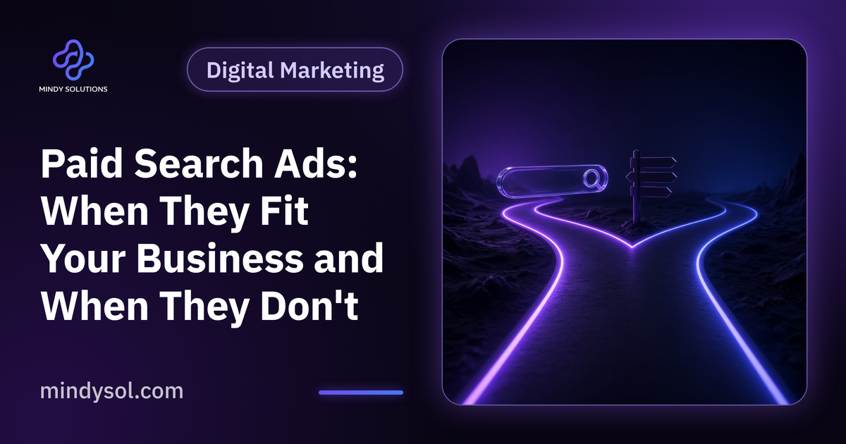 Illustration of a search bar and results with an ad label and an arrow to a web page