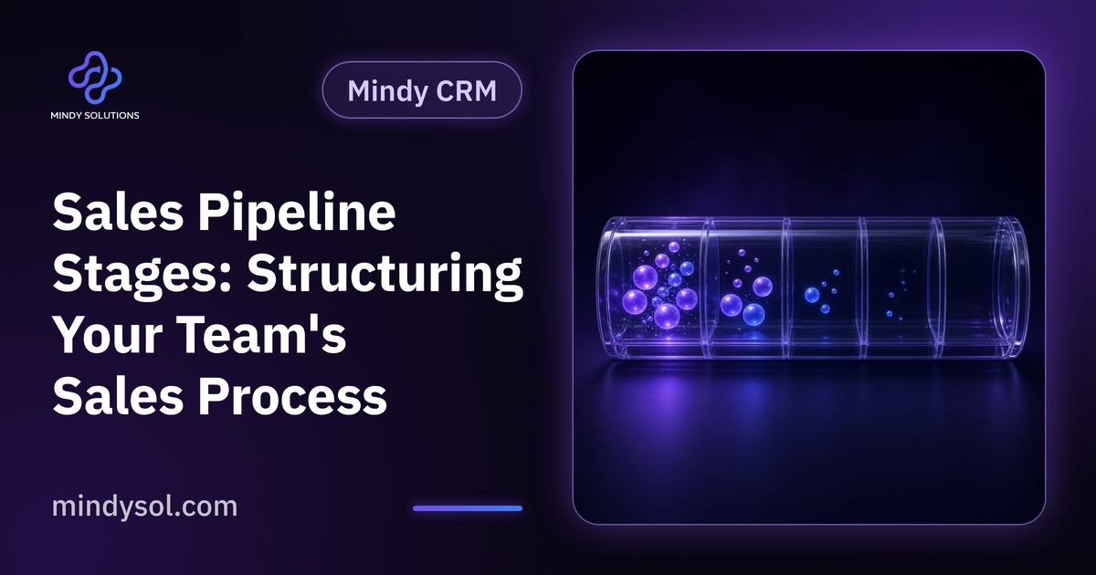 Illustration of a horizontal sales pipeline with stages and client cards moving between them, illustrative interface